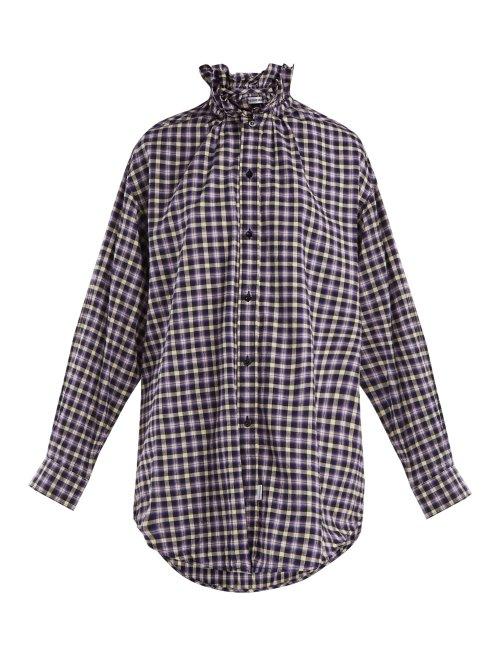 Matchesfashion.com Balenciaga - Ruffle Neck Cotton Flannel Shirt - Womens - Purple Multi