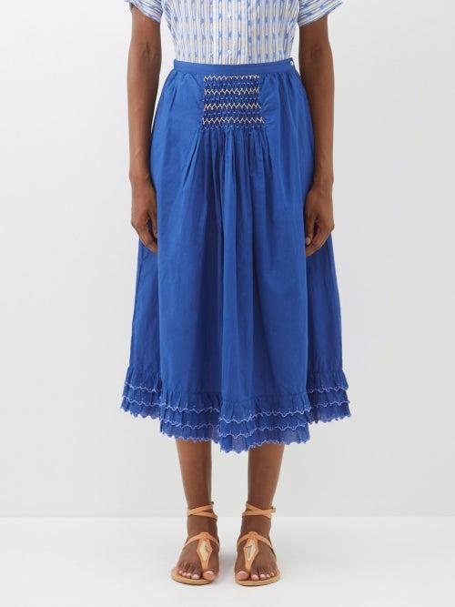 Thierry Colson - Yulia Ruffle-hem Cotton Midi Skirt - Womens - Mid Blue