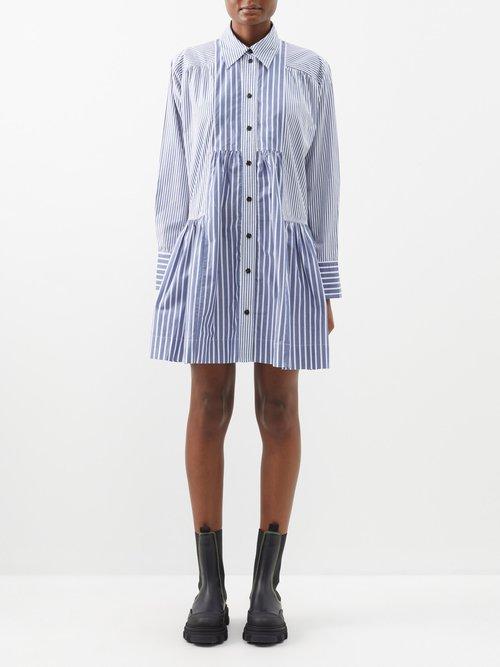 Ganni - Striped Organic-cotton Poplin Shirt Dress - Womens - Grey Blue
