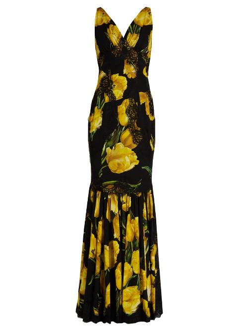 Dolce & Gabbana Lace-trimmed Tulip-print Silk-blend Gown