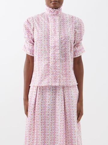 Thierry Colson - Vita Ruffled Floral-print Cotton Top - Womens - Pink Multi