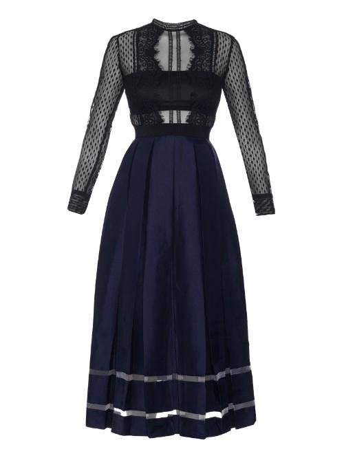 Self-portrait Sheer-lace And Box-pleated Midi Dress