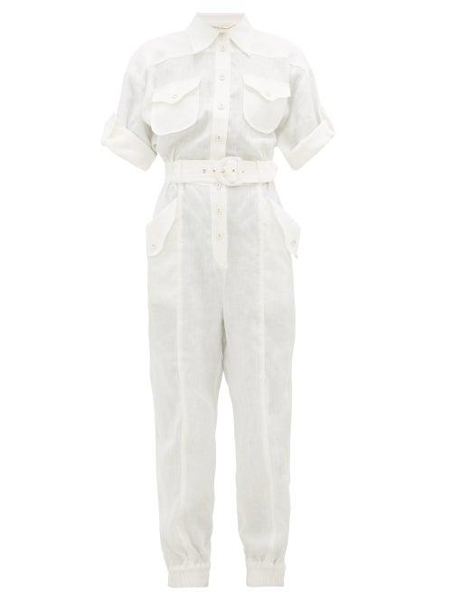 Matchesfashion.com Zimmermann - Super Eight Belted Linen Jumpsuit - Womens - Ivory