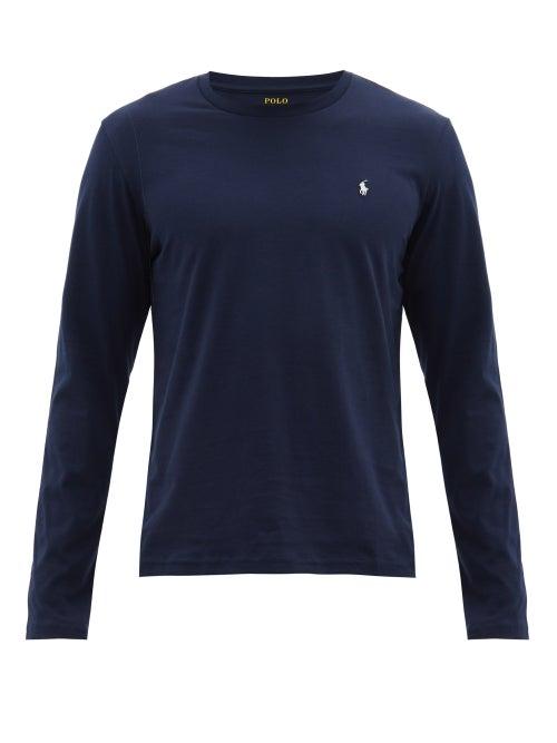 Matchesfashion.com Polo Ralph Lauren - Logo Embroidered Cotton Long Sleeve T Shirt - Mens - Navy