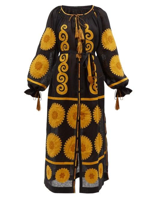 Matchesfashion.com Vita Kin - Siam Floral Appliqu Linen Midi Dress - Womens - Black Yellow