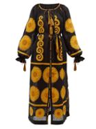 Matchesfashion.com Vita Kin - Siam Floral Appliqu Linen Midi Dress - Womens - Black Yellow