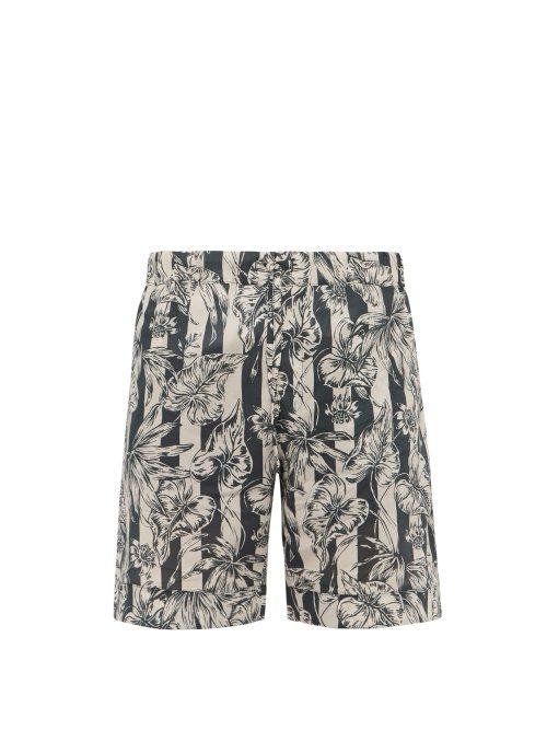Matchesfashion.com Desmond & Dempsey - Striped Foliage Print Cotton Poplin Pyjama Shorts - Mens - Blue Beige