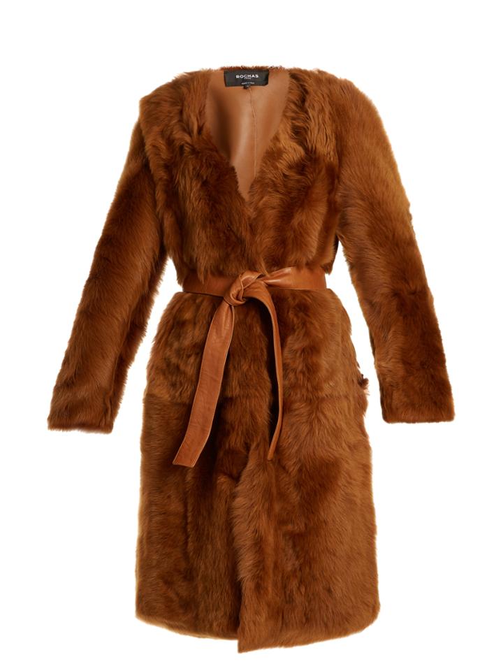 Rochas Belted Collarless Shearling Coat