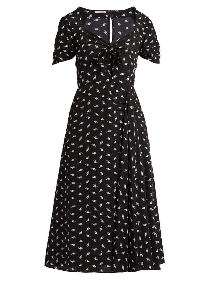 Miu Miu Cat-print Sweetheart-neck Silk Midi Dress