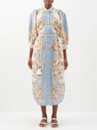 Ale Mais - Blythe Floral-print Linen Midi Shirt Dress - Womens - Blue Multi