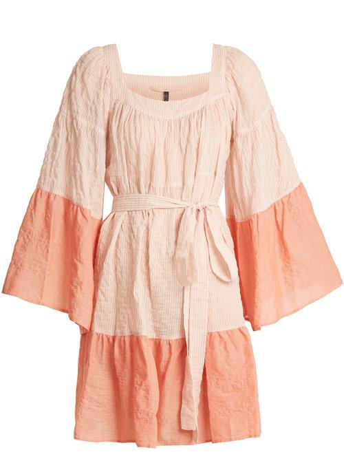 Matchesfashion.com Lisa Marie Fernandez - Ruffled Waist Tie Striped Cotton Blend Dress - Womens - Pink Multi