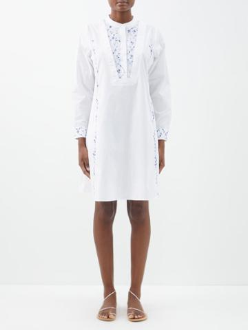 Thierry Colson - Victoria Floral-embroidered Cotton Kaftan Dress - Womens - White Blue