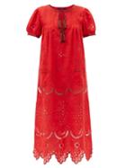 Matchesfashion.com Vita Kin - Veronica Tassel-neck Embroidered Linen Midi Dress - Womens - Red
