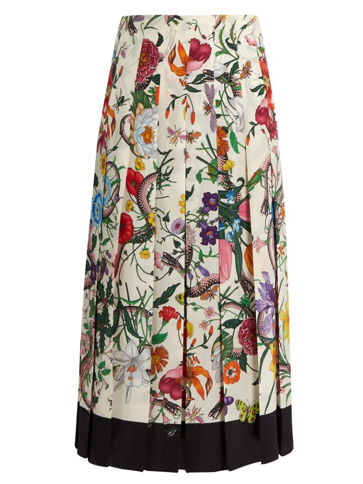 Gucci Flora Snake-print Pleated Silk Midi Skirt