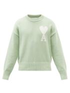 Ami - Ami De Caur-logo Organic-cotton Blend Sweater - Mens - Light Green