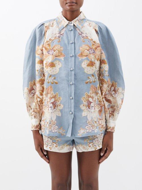 Ale Mais - Blythe Floral-print Linen Shirt - Womens - Blue Multi