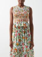 Loretta Caponi - Irene Floral-print Smocked Cotton Peplum Top - Womens - White Multi