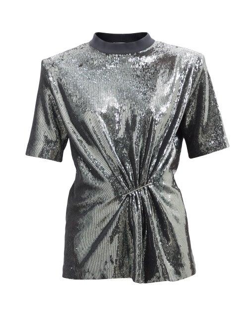 The Attico - Padded-shoulder Sequinned T-shirt - Womens - Dark Grey