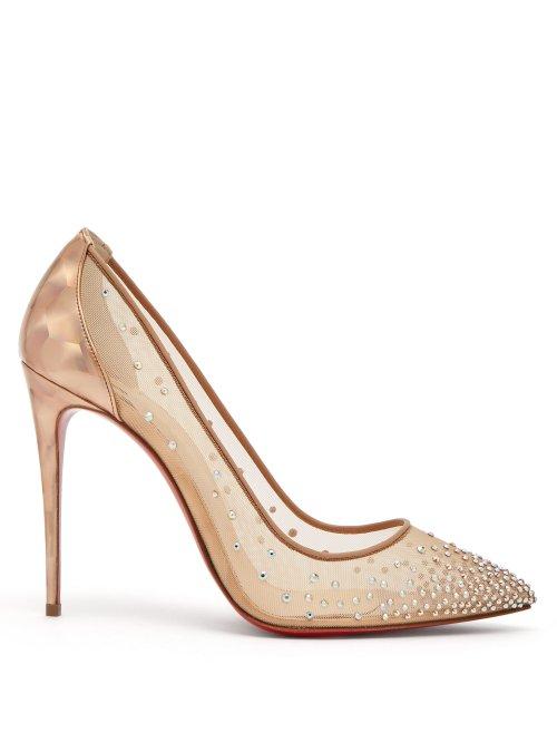 Matchesfashion.com Christian Louboutin - Follies Strass 100 Holographic Heel Mesh Pumps - Womens - Nude Gold