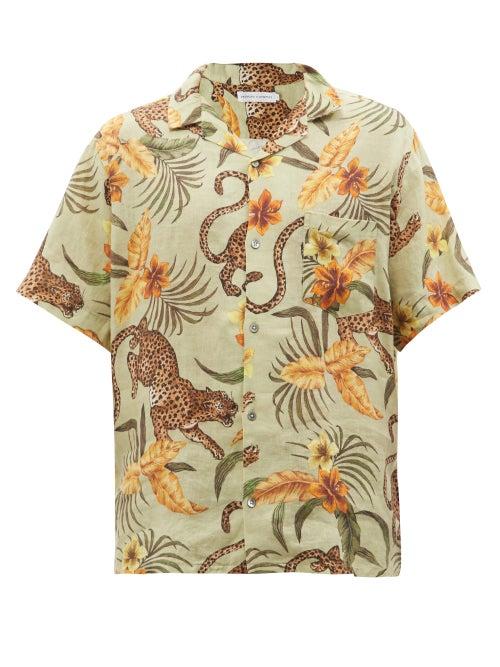 Desmond & Dempsey - Cuban-collar Soleia-print Linen Shirt - Mens - Green Multi