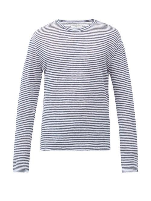 Matchesfashion.com Officine Gnrale - Striped Linen Long-sleeved T-shirt - Mens - Navy White