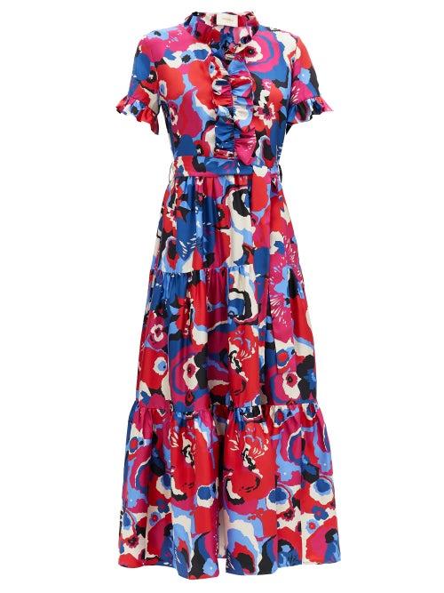 Matchesfashion.com La Doublej - Long And Sassy Big Flower-print Ruffled Silk Dress - Womens - Red Multi