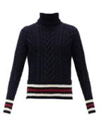 Matchesfashion.com Thom Browne - Striped Cable-knit Wool-blend Sweater - Mens - Navy