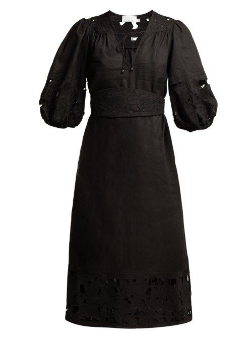Matchesfashion.com Zimmermann - Juno Floral Embroidered Cut Out Linen Dress - Womens - Black