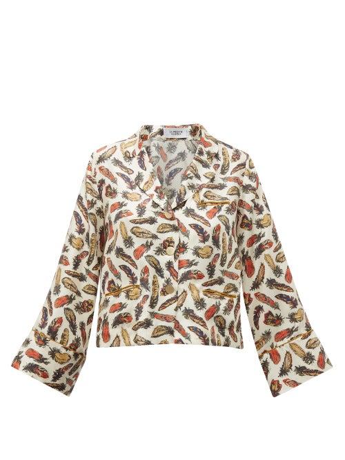 Matchesfashion.com La Prestic Ouiston - Feather Print Silk Twill Pyjama Blouse - Womens - White Multi