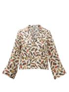 Matchesfashion.com La Prestic Ouiston - Feather Print Silk Twill Pyjama Blouse - Womens - White Multi