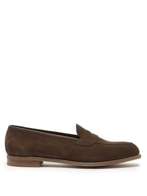 Mens Shoes Edward Green - Ventnor Suede Penny Loafers - Mens - Dark Brown