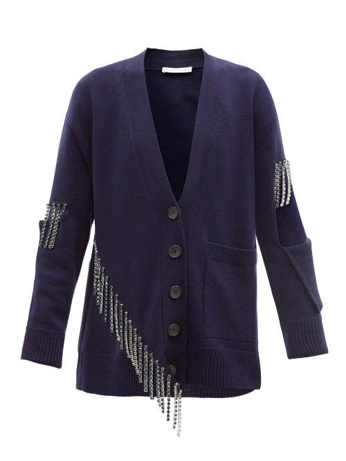 Ladies Rtw Christopher Kane - Cupchain-crystal Wool Cardigan - Womens - Navy
