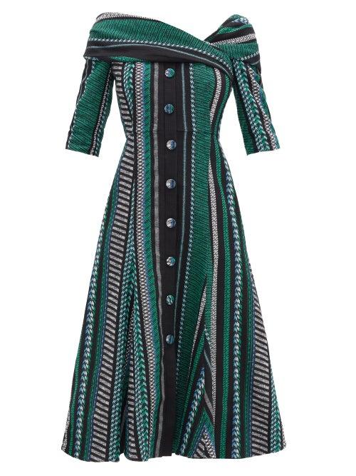 Matchesfashion.com Erdem - Iman Striped Cotton-blend Dress - Womens - Black Green
