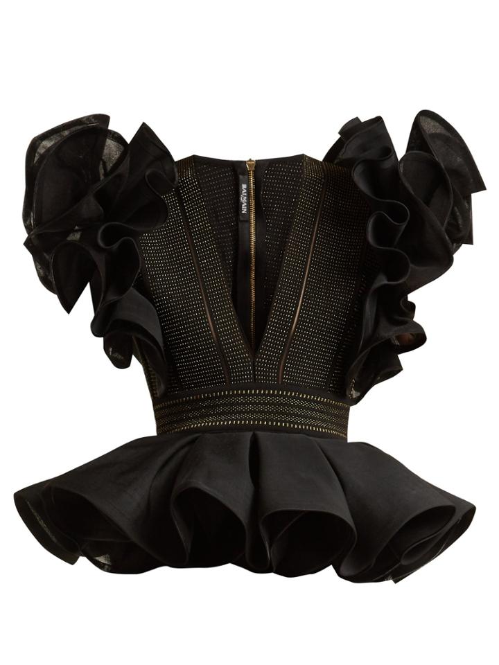 Balmain Ruffle-sleeved Peplum-hem Stretch-knit Top