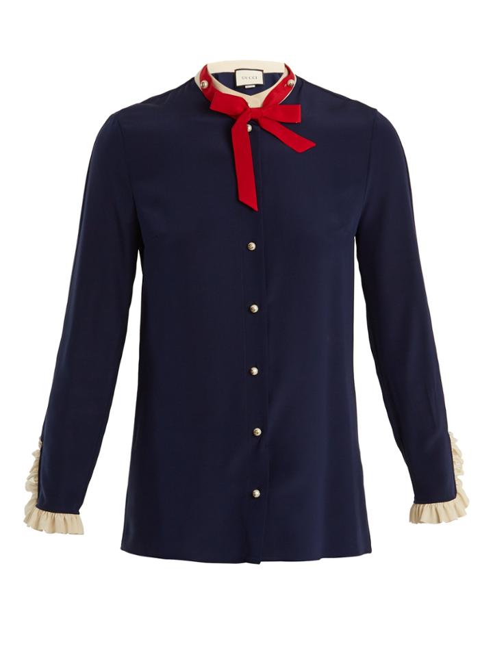 Gucci Ruffled-cuff Silk Crepe De Chine Shirt