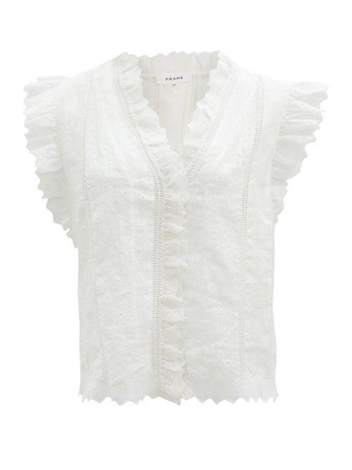 Matchesfashion.com Frame - Lauren Broderie-anglaise Ruffled Ramie Blouse - Womens - White