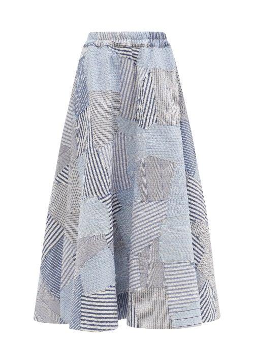 Matchesfashion.com By Walid - Daisy Vintage Shirt Patchwork Cotton Skirt - Womens - Blue White