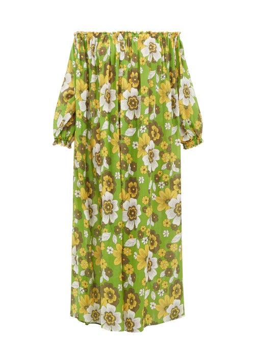 Matchesfashion.com Dodo Bar Or - Julie Off-the-shoulder Floral-print Cotton Dress - Womens - Green Print