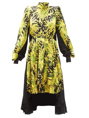 Matchesfashion.com Balenciaga - Double-layer Mimosa-print Silk-satin Dress - Womens - Yellow Print