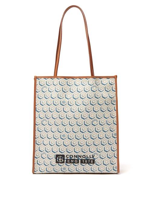 Matchesfashion.com Connolly - Hexagonal Print Leather Trim Canvas Tote Bag - Mens - Blue