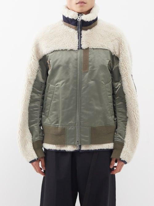 Sacai - Shearling And Nylon Bomber Jacket - Mens - Ecru