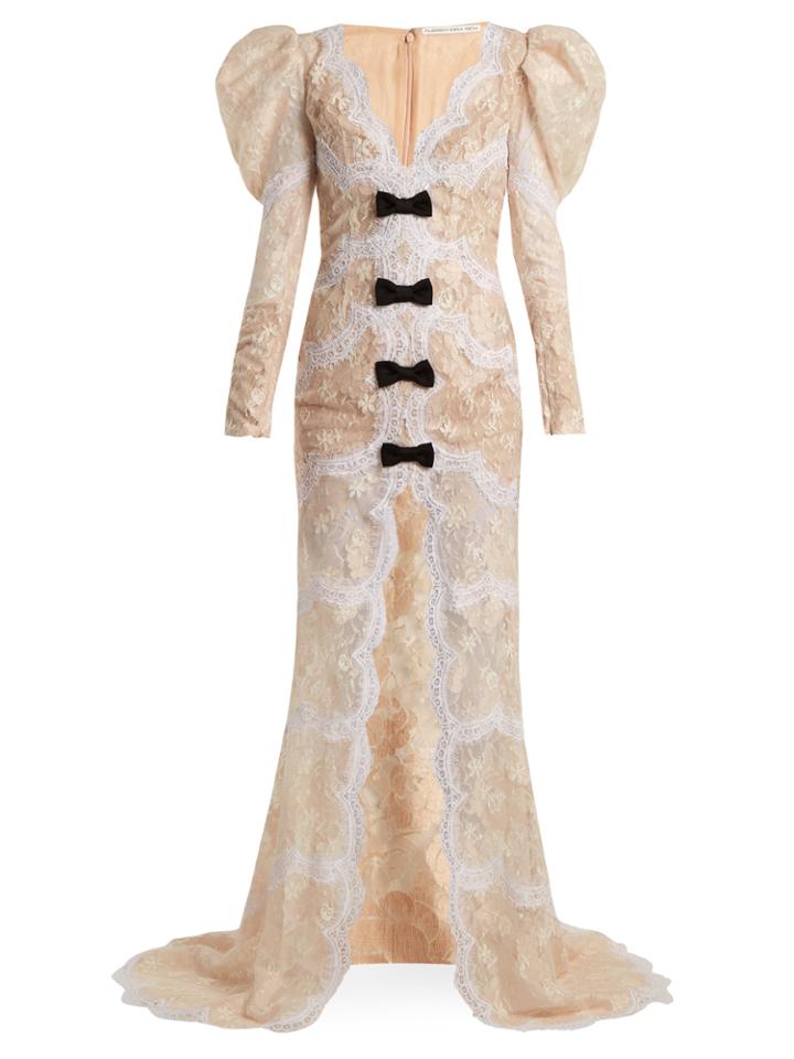 Alessandra Rich Bow-embellished Layered Floral-lace Gown