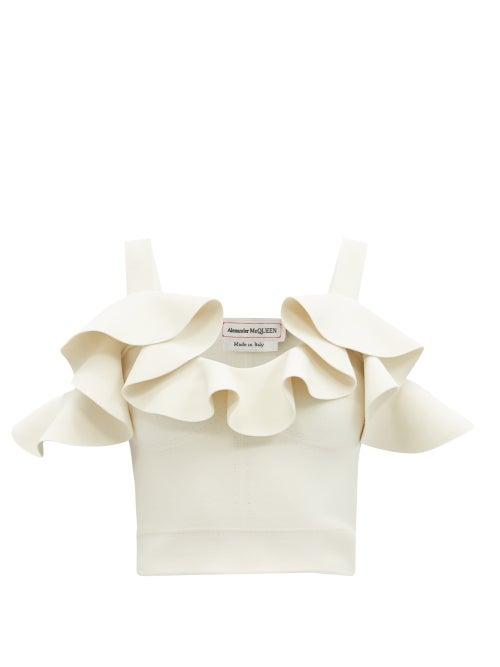 Matchesfashion.com Alexander Mcqueen - Flounced-neck Cold-shoulder Jersey Top - Womens - Ivory