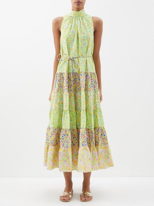 Ale Mais - Daisy Floral-print Rami-seersucker Midi Dress - Womens - Yellow Multi