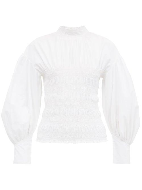 Matchesfashion.com Ganni - Smocked Cotton Blouse - Womens - White