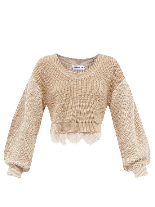 Matchesfashion.com Self-portrait - Lace-trimmed Cropped Sweater - Womens - Camel