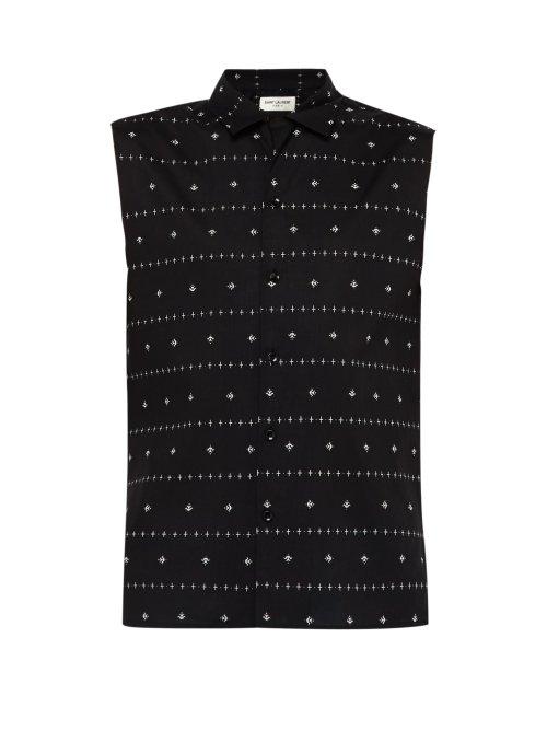 Matchesfashion.com Saint Laurent - Orchid Print Sleeveless Cotton Poplin Shirt - Mens - Black Cream