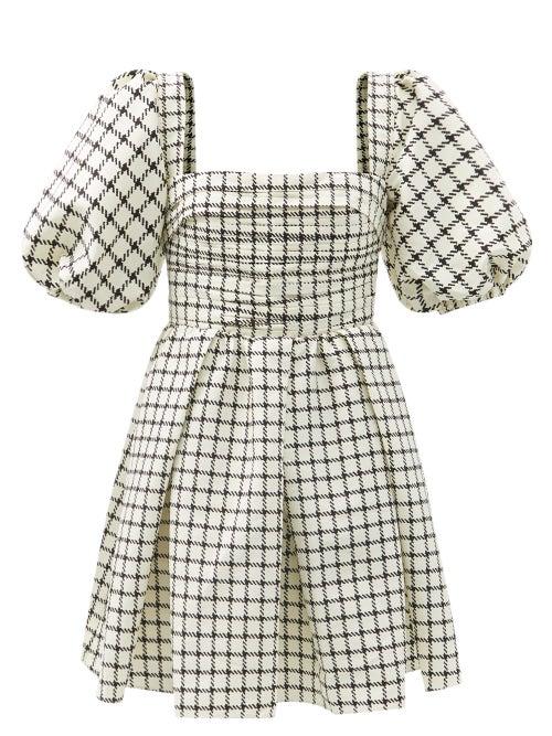Ladies Rtw Self-portrait - Puff-sleeve Checked Taffeta Mini Dress - Womens - Beige Multi