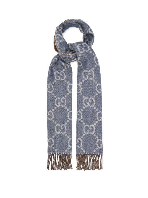 Gucci - Gg Logo-jacquard Wool Scarf - Womens - Blue Multi