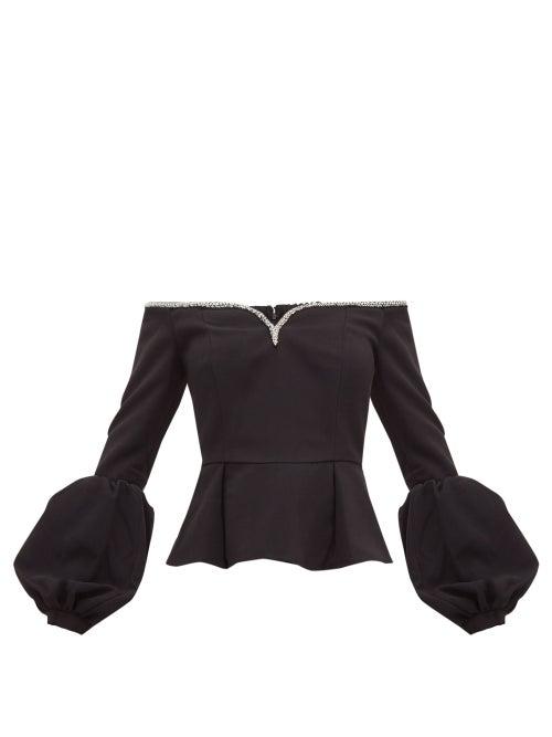Matchesfashion.com Self-portrait - Crystal Embellished Off The Shoulder Crepe Top - Womens - Black